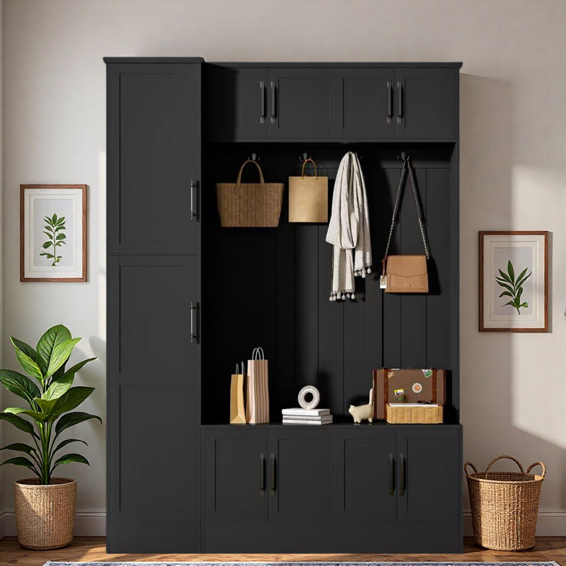4-in-1 Tall Modern Hall Tree With Shoe Storage,  Cabinets, Coat Hooks, Metal Handles And Adjustable Shelves, Black