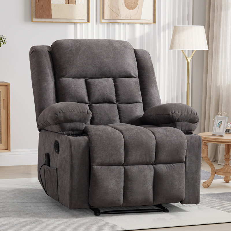 34.65" Wide Modern Soft Manual Massage Heated Recliner with Cupholders and Remote Control, Gray Microfiber