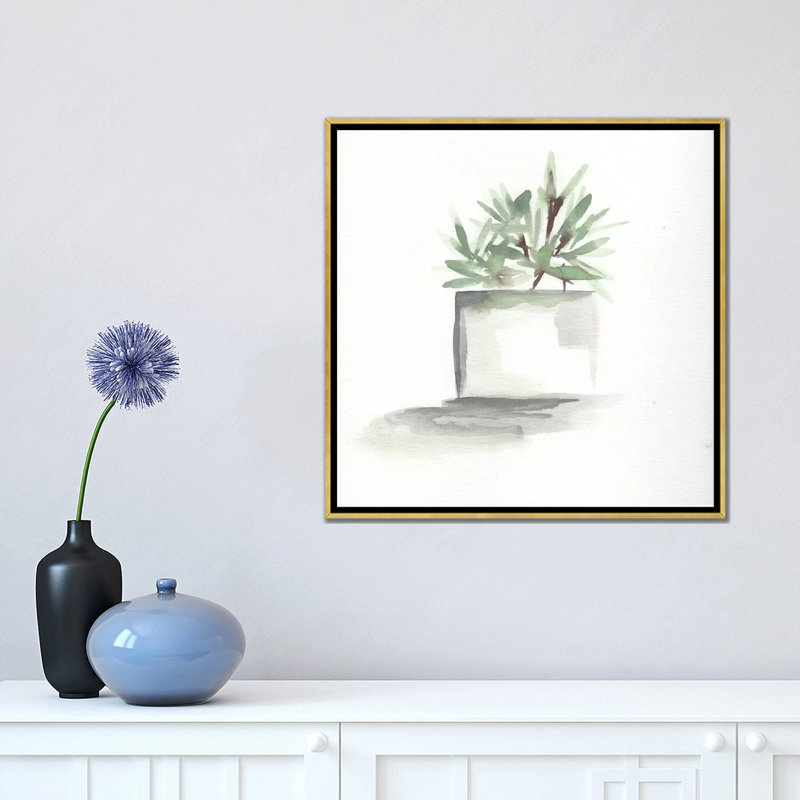 « aquarelle-cactus still life iv », peinture, Toile encadrée d'or, H 18 po x l 18 po x P 1,5 po