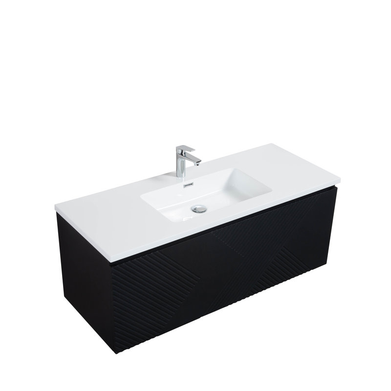 Hindel 48 po L x 19 po P 2 tiroirs Meuble-lavabo avec évier simple et Comptoir en Quartz noir, Blanc
