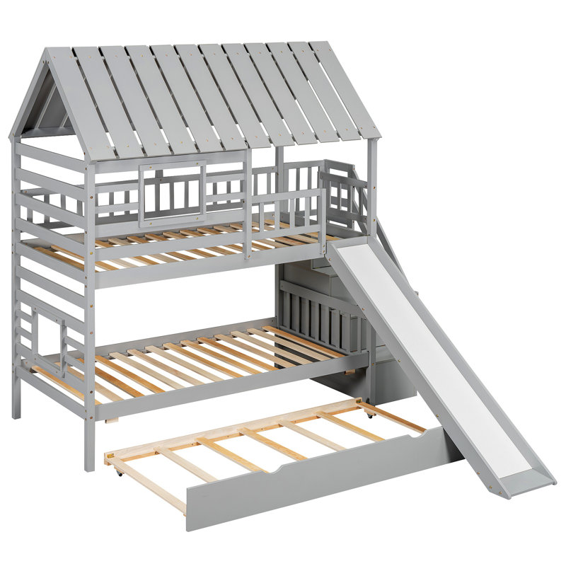Lit superposé House avec lit gigogne et glissade, escalier de rangement, toit et fenêtre, Gris