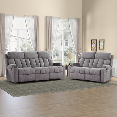 2-Piece Friendly Fabric Upholstered Reclining Living Room Set With Cupholders & Pocket Storage