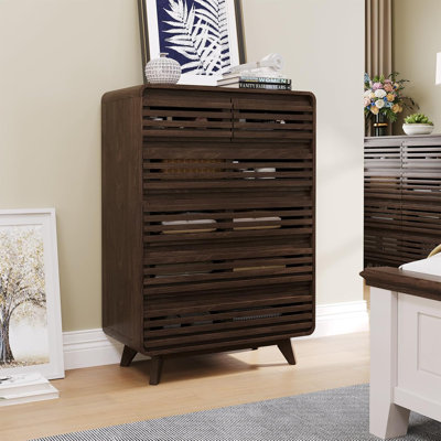 Tall Dresser For Bedroom, 6 Drawer Wood Curved Chest Of Drawers With 2 Small Makeup Drawers Reinforced Wooden Legs, Pre-Installed Storage Organizer For Hallway, Walnut