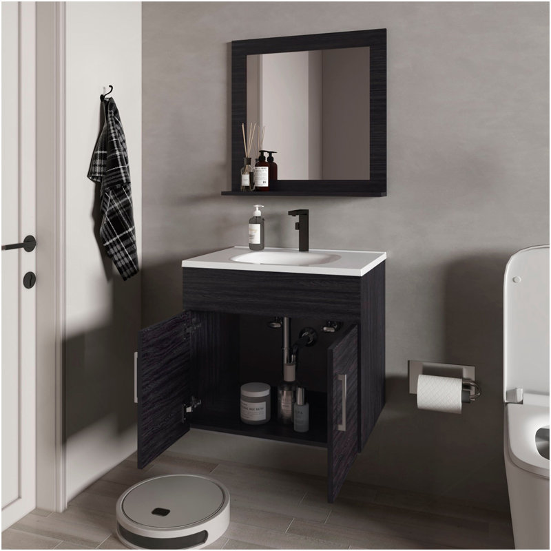 Wengue 2-Door Floating Bathroom Vanity Set With Sink And Mirror, Wenge
