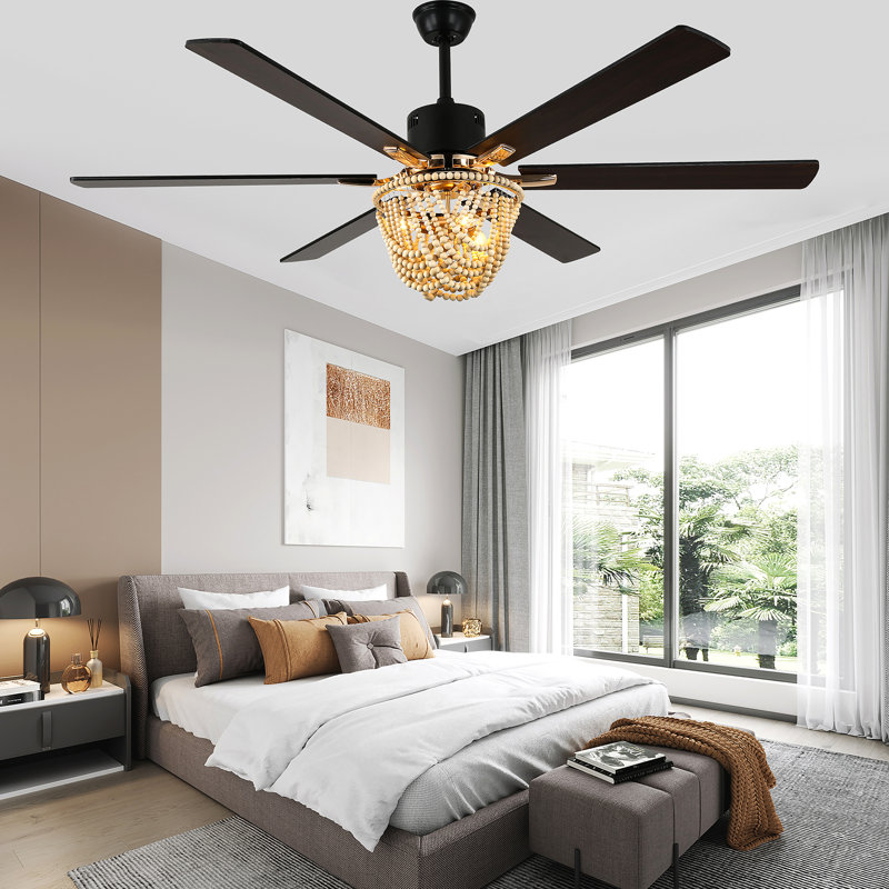 65 Inch Boho Ceiling Fan With Light And Remote, Farmhouse Wood Beaded DC Motor Ceiling Fan For Bedroom