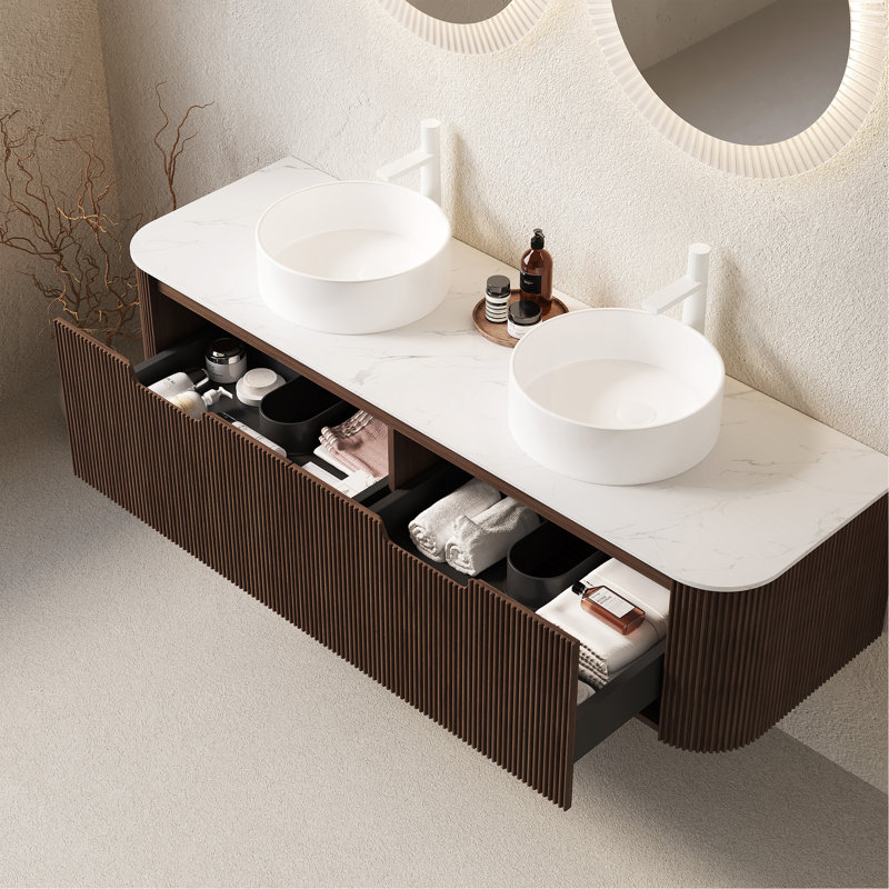 Ensemble de meuble-lavabo 60 po 60 po, 2 tiroirs, 2 lavabos ronds blancs en céramique et un plateau en pierre frittée blanche, noyer foncé pré-assemblé