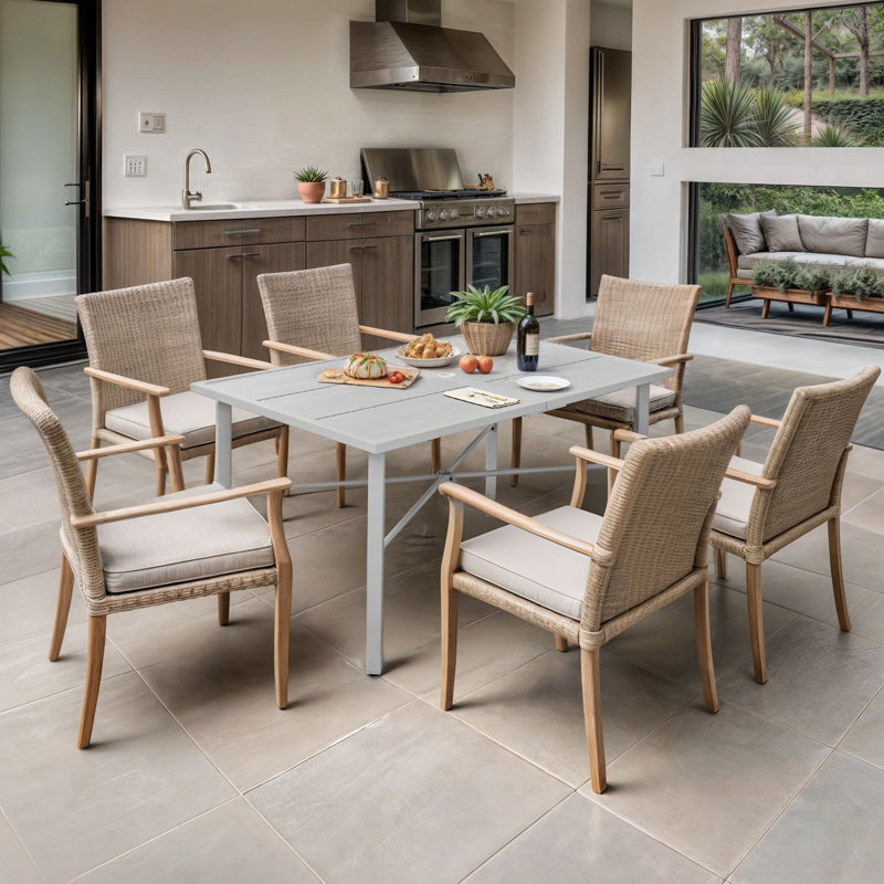 Silvaine Rectangular Wood Metal Outdoor Dining Table With Umbrella Hole , 59.1'' in. W 35.4'' in. D