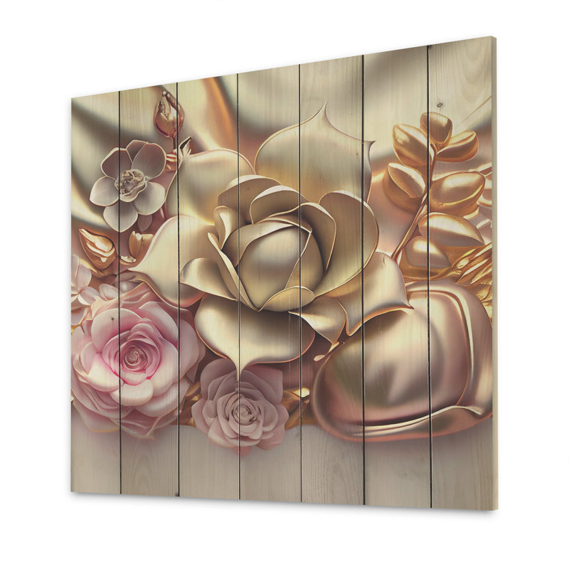 Or liquide et fleurs modernes roses IV - impression sans cadre sur bois, H 16 po x l 16 po x P 1 po
