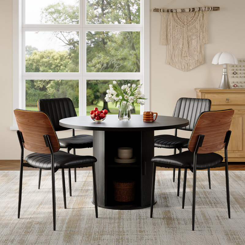 4 - Person Round Dining Table Set With Hidden Storage & 4 Upholstered Chairs, Black, Black