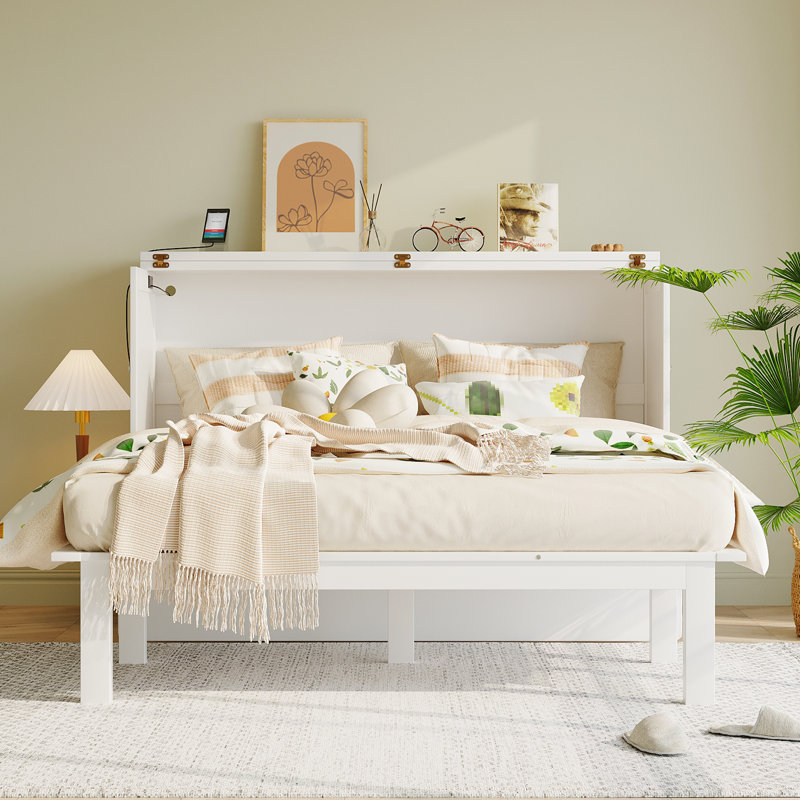 Lit escamotable moderne avec port USB et tablettes amovibles de chaque côté, Blanc