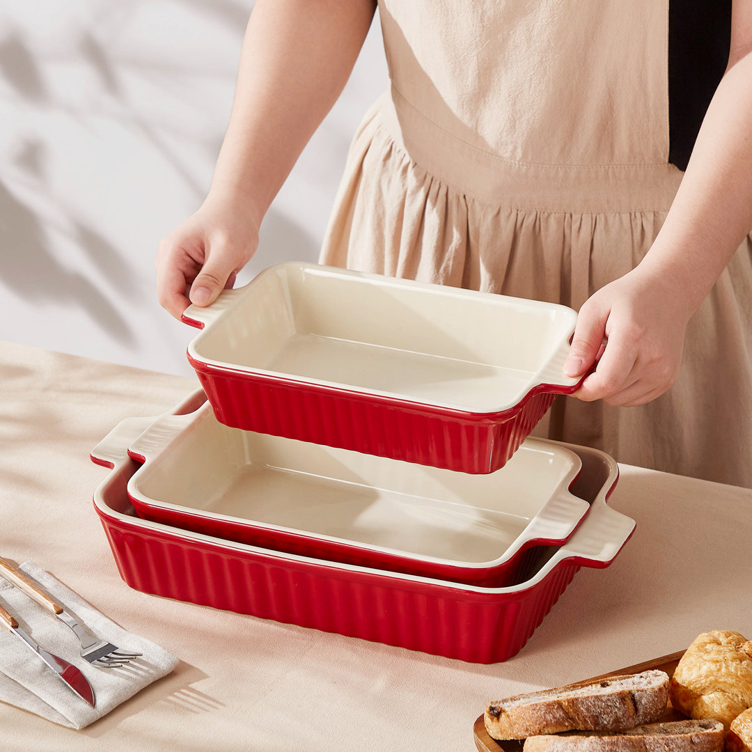 MALACASA Rectangle Porcelain China 3 Piece Au Gratin Dish Bakeware Set