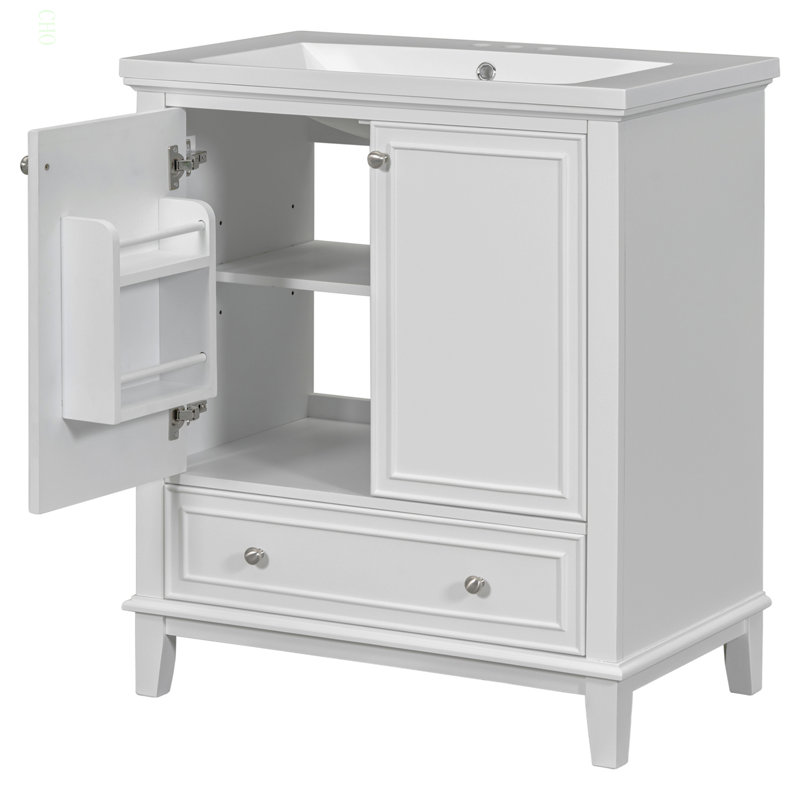 Ensemble de meuble-lavabo 30 po avec lavabo, armoire de salle de bain multifonctionnelle avec portes et tiroir, cadre solide et panneau de fibres à densité moyenne (blanc)