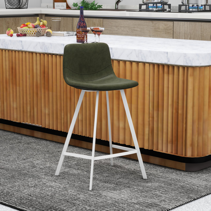 Voshon Leather 41” Counter Height Bar Stool With Stainless Steel Legs, Olive Green