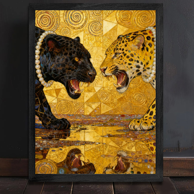 Reproduction encadrée noire de panthère noire et de léopard, H 11 po x l 9 po