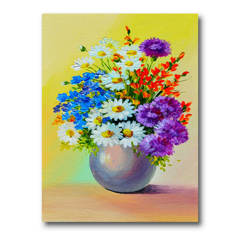 Nature morte avec un bouquet de fleurs bleues rouges et blanches - Peinture sur toile, H 32 po x l 16 po x P 1 po