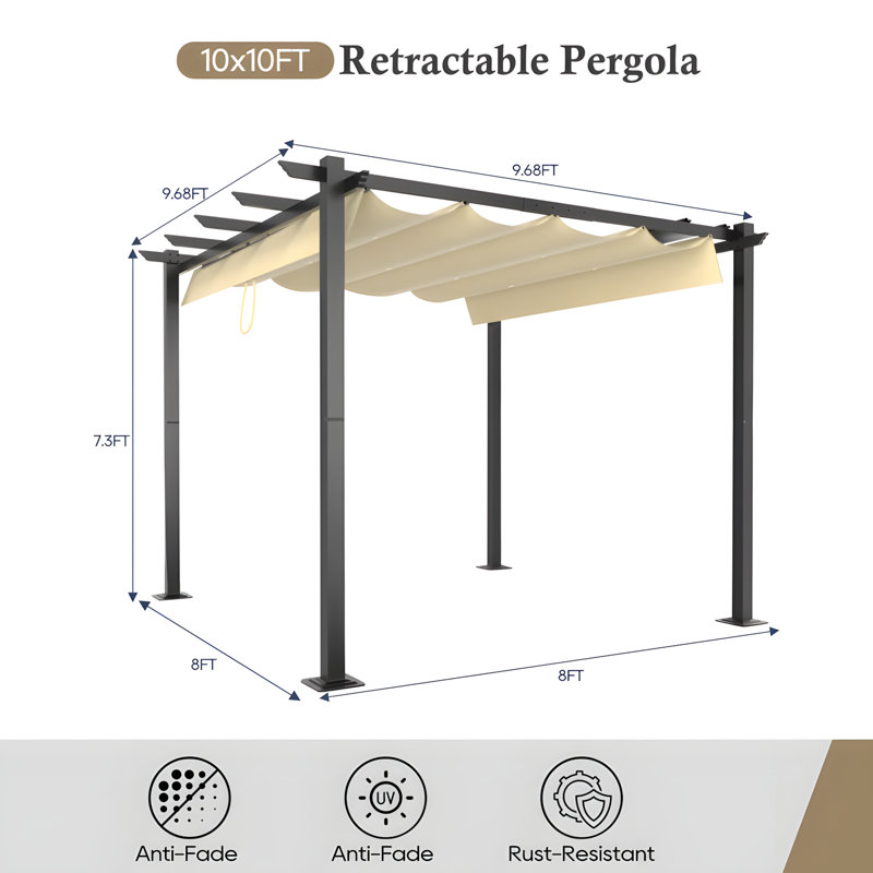 Pergola en aluminium avec auvent, Pergola rétractable d'extérieur avec auvent de soleil, H 87,6 po x l 120 po x P 120 po