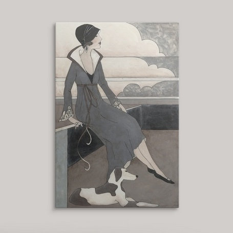 «Pendergrass Art Deco Lady with Dog» par Megan Meagher, reproduction d'art, H 38 po x l 28 po x P 1 po, Cadre blanc