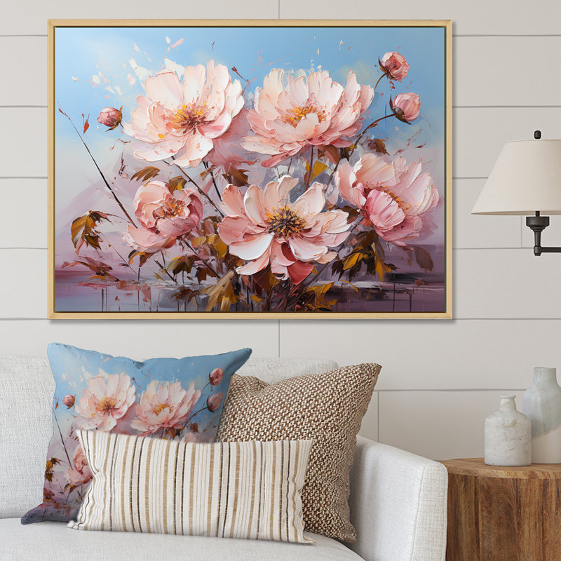 Pivoines roses, art liquide, champ de fleurs IV - reproduction, Cadre flottant blanc, 34" H x 44" W