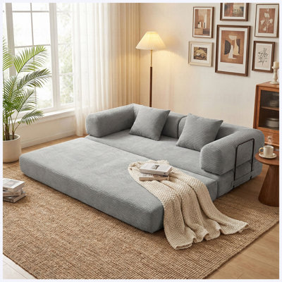 Convertible Sleeper Sofa Bed, 3-Seater Fold-Out Couch with Mattress, Grey Velvet Upholstery for Small Apartment Living Room Guest Room