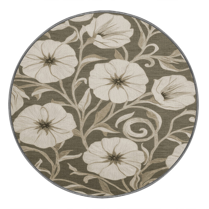 Tapis botanique brun lavable à la machine, Rond 4 pi