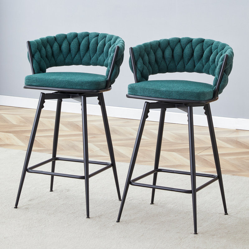 ° Tabourets de bar rotatifs avec coussins en lin de coton, structure rétro en métal vert et noir - Idéal pour les restaurants et les bars