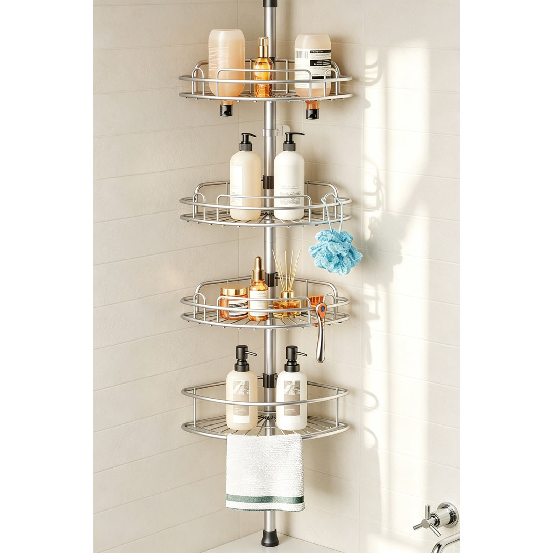 4-Tier Silver Gray Telescopic No-Drill Corner Shower Rack