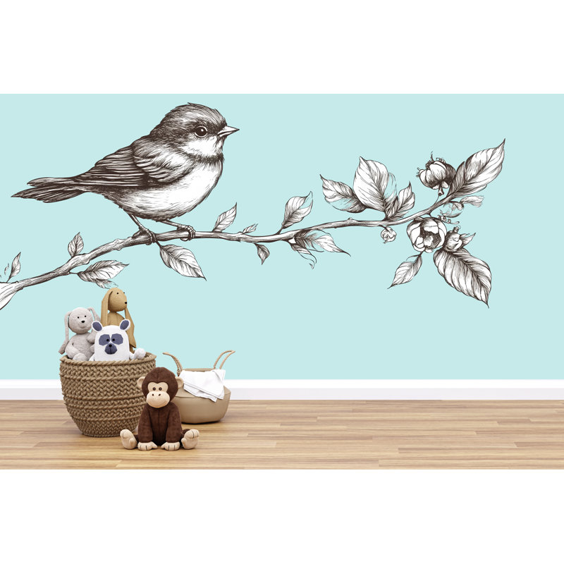 Adhésif décoratif oiseau sur une branche de fleur, art mural rétro chambre d'enfant, art mural amovible pour chambre d'enfant 111Mv