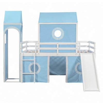 Twin Size Loft Bed with Slide Pink Tent and Tower