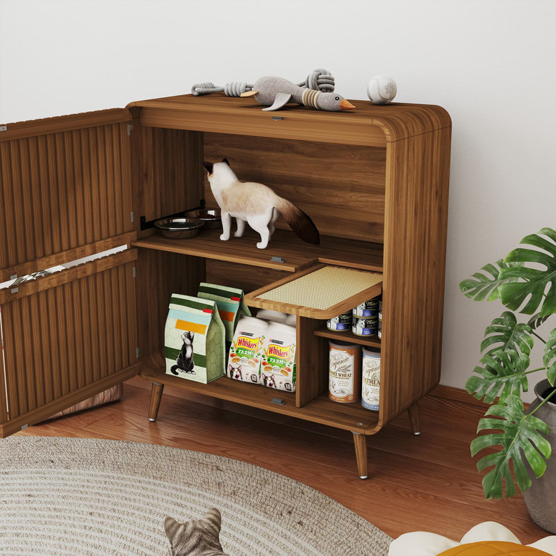 Station d'alimentation pour chien avec bols et chien, WALNUT