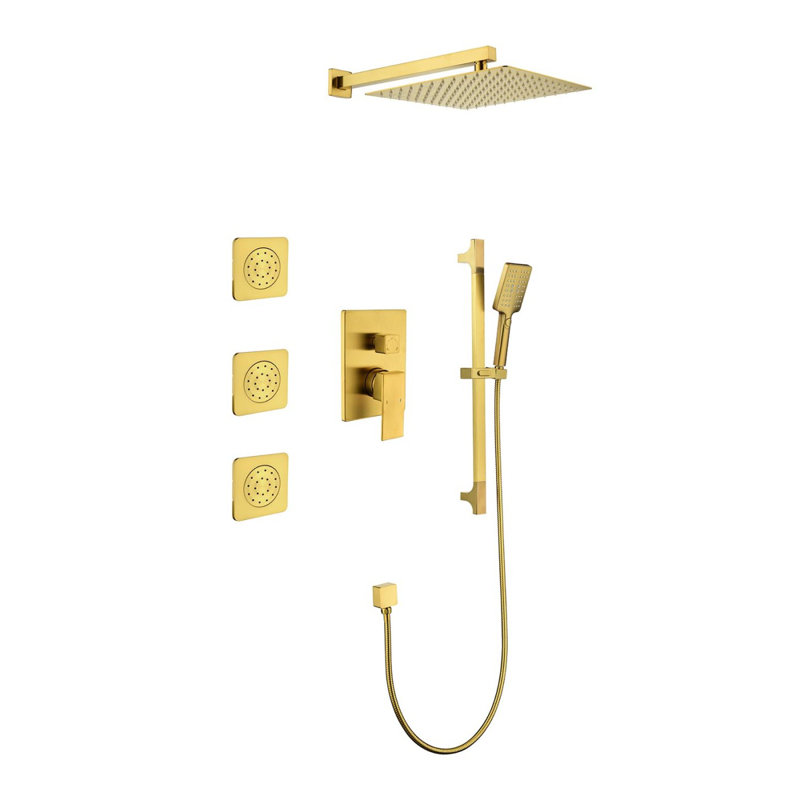 Shower System With Shower Head, Hand Shower, Slide Bar, Bodysprays, Shower Arm, Hose, Valve Trim, And Lever Handles