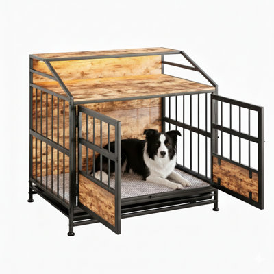 Caisse pour chien multifonctionnelle de style meuble avec rangement, grand chenil pour chien en bois avec portes doubles, convenant à une utilisation à l'intérieur avec des chiens de grande ou moyenne taille, fini brun