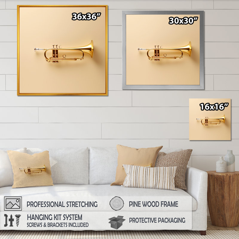 «Gold Trumpet Call Bold Brass I», reproduction sur toile, H 30 po x l 30 po x P 1 po, Cadre flottant noir