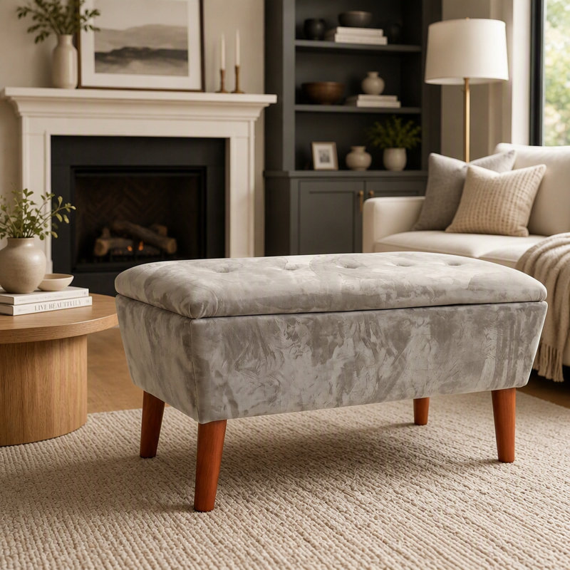 Banc repose-pieds rectangulaire en lin 42 po, tabouret bas moderne avec repose-pieds en bois massif, vestibule multi-usage et banc de lit
