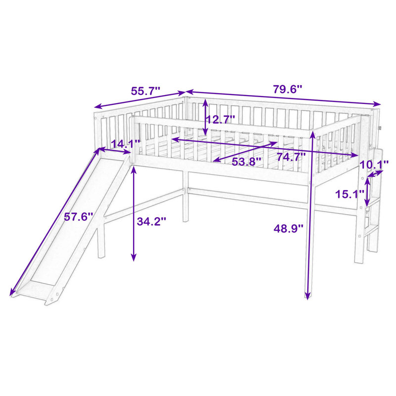 Full Size Wooden Loft Bed With Removable Slide And Safety Guardrail, White