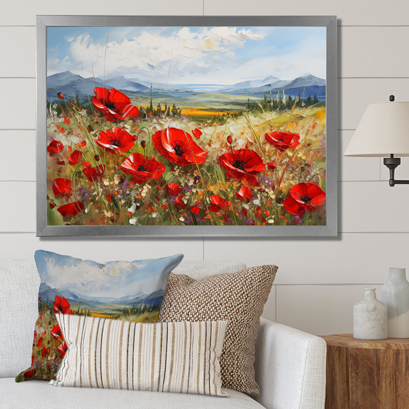 «Red Poppies Field In Mountain I», reproduction sur toile, H 16 po x l 32 po x P 1 po, Cadre simple argenté