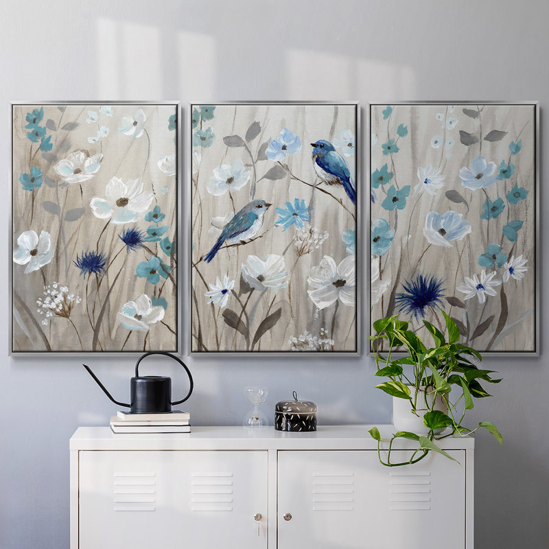 Oiseaux bleus au printemps, reproduction sur toile 3 pièces, H 36 po x l 75 po x P 2 po, Argent