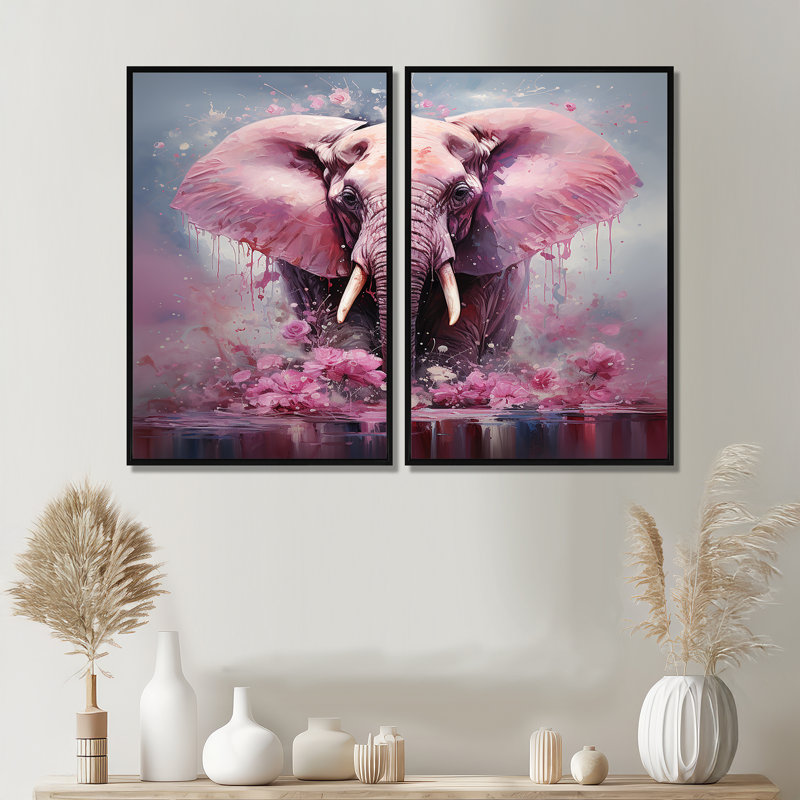 Rose, éléphant géant romantique - art mural moderne brun, Noir, H 36 po x l 48 po, Impression encadrée flottante