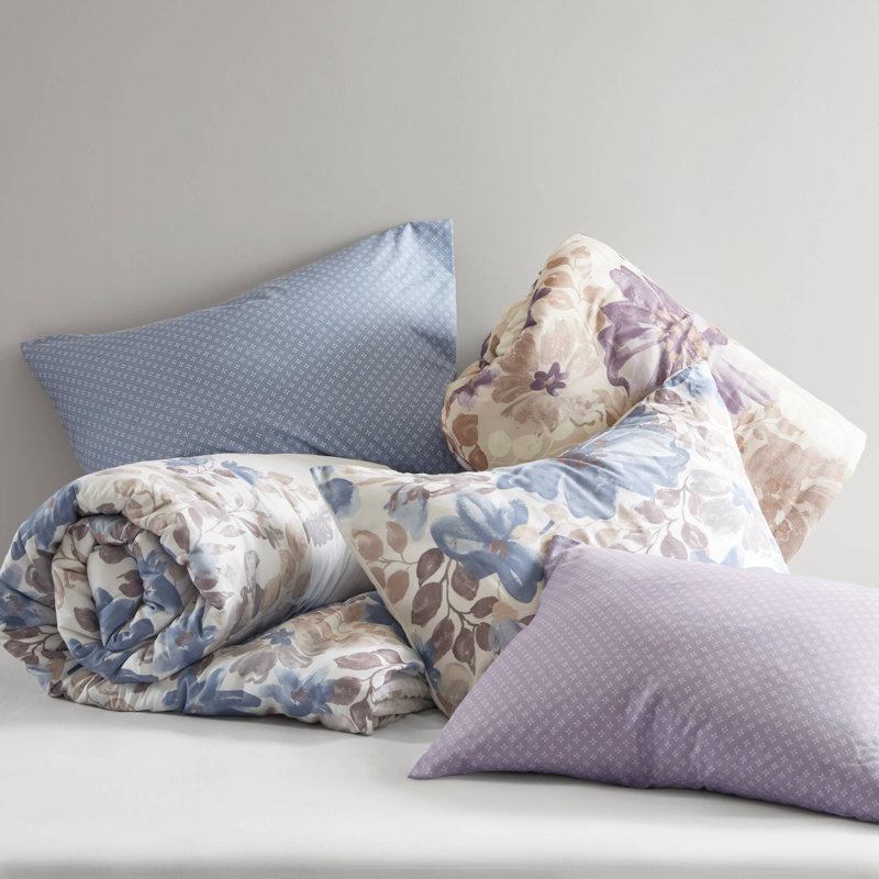 Ensemble d'édredon floral avec draps Luna, Édredon grand + 2 taies décoratives + 2 taies d', Taupe