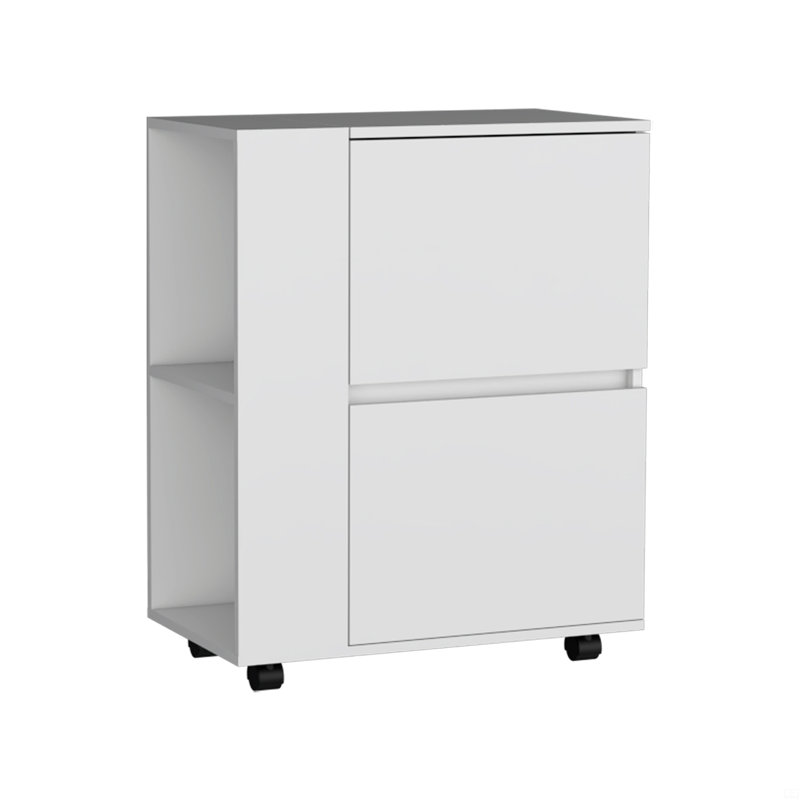 Bar Cart Two Pull-Down Door Cabinets And Two Open Shelves, White
