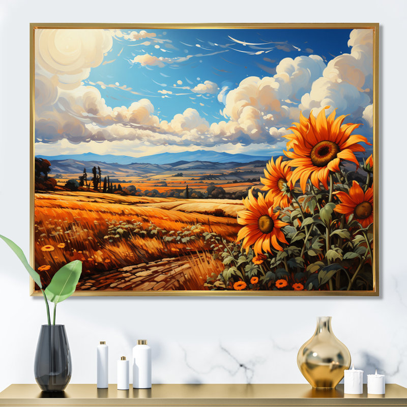 Champ de tournesols français Bilow, charme de campagne III - impression, H 24 po x l 32 po x P 1 po, Cadre flottant doré