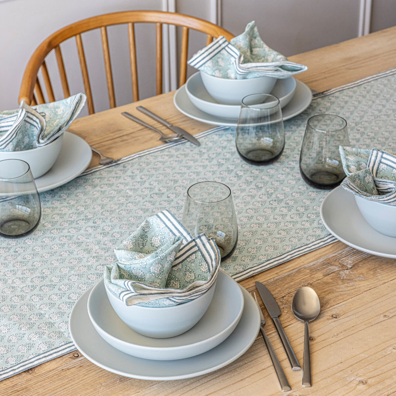 over&back Hand-Blocked Printed Cotton Table Runner, 18" W x 90" L, Blue Leaf