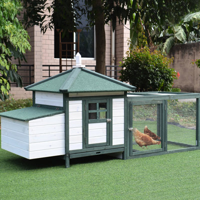 76.6" Chicken Coop, Ventilation System, Lockable For Security Reasons 77" Wooden Shelter, Hinged Nest Box, Ramp, Paint, Easy To Clean, White, Garden