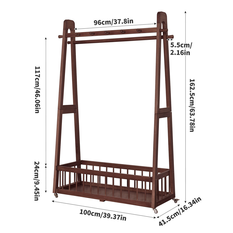Portant à vêtements en bois massif avec panier de rangement, portant autoportant avec barre de suspension et crochets, portant à vêtements à roulettes pour chambre, entrée, salon, finition noyer