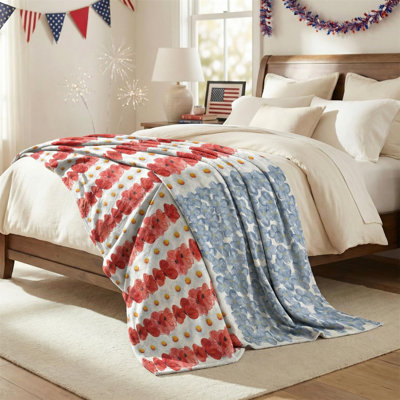 4th of July Flannel Blanket Throw, Myosotis Poppy Patriotic American Flag Memorial Day Soft Fuzzy Plush Cozy Fleece Blankets for Couch Sofa Bed Decor, Ideal Gifts for Adults 50x60