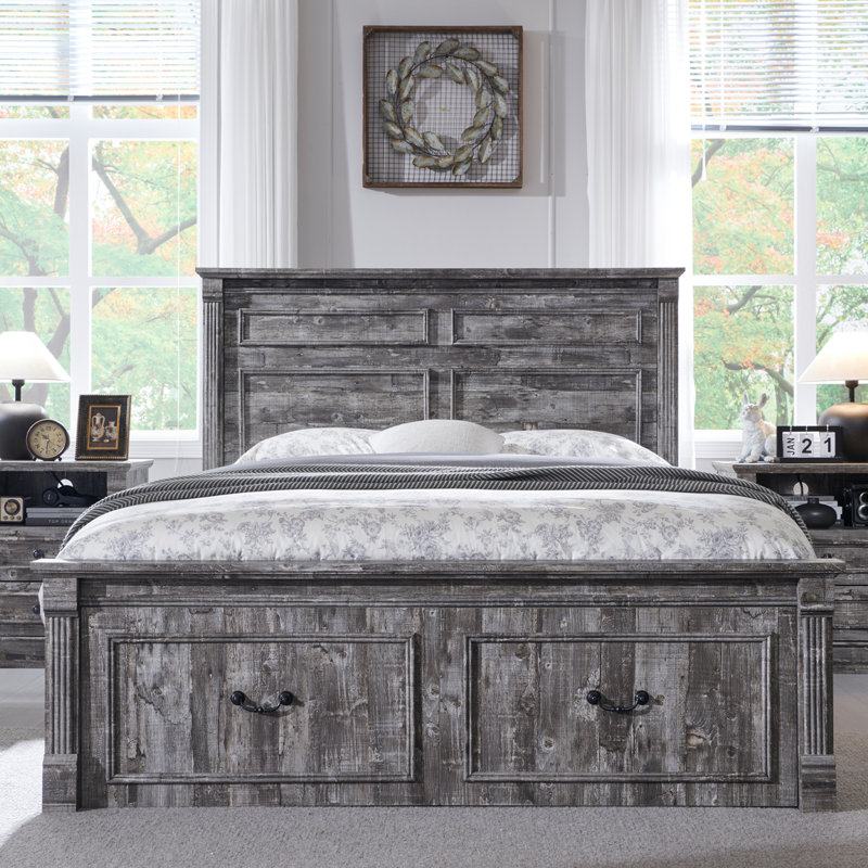 Base de lit pour grand lit Burlington Farmhouse avec tête de lit de 51 po de hauteur, base de lit plateforme en bois avec pied de lit colonne romaine de 20 po de hauteur et 2 grands tiroirs de rangement, aucun sommier nécessaire