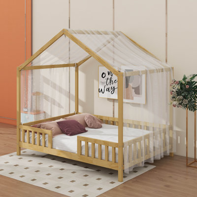 Lit sur pied avec auvent Montessori, cadre de lit double pour enfants, cadre de lit pour tout-petit en forme de maison avec rampes hautes, lit pour enfants en bois