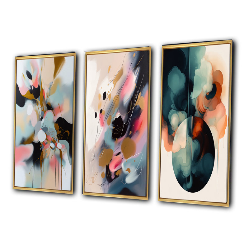 «Brushstroke Abstract Paint», 3 pièces sur toile, Cadre flottant doré, H 28 po x l 36 po