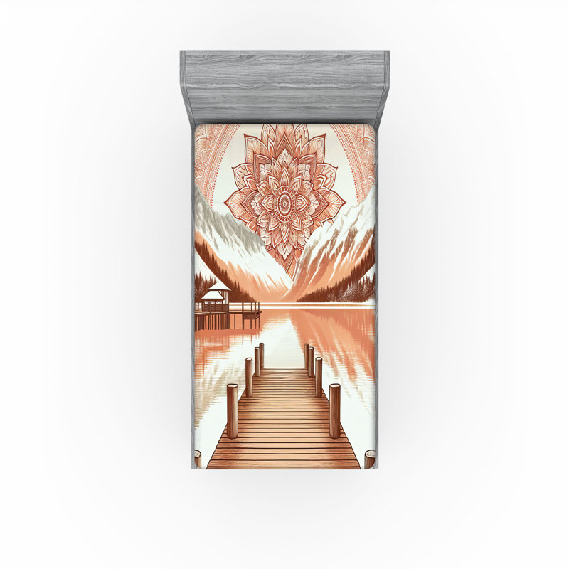 Drap-housse Ambesonne Lake_ Montagnes Pier et Mandala_Séquoia saumon et rouille foncée, Drap-housse simple TG