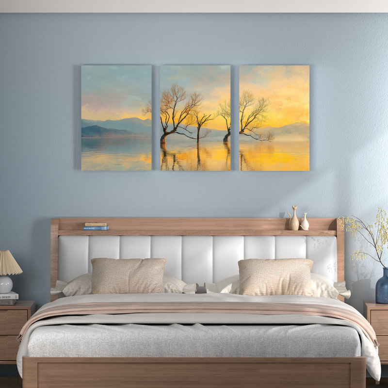 Tableau sur toile tendue « Reflets des arbres au coucher du soleil sur le lac » (Ensemble de 3), H 18 po x l 36 po