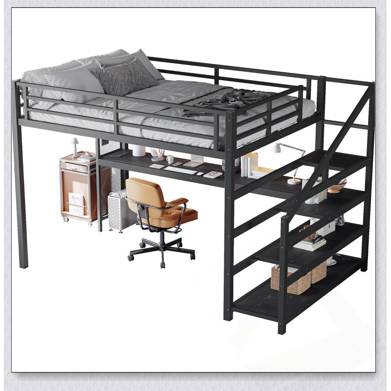 Grand lit mezzanine en métal avec bureau, escalier de rangement, lumières DEL, ports USB et conception sans bruit pour une vie moderne